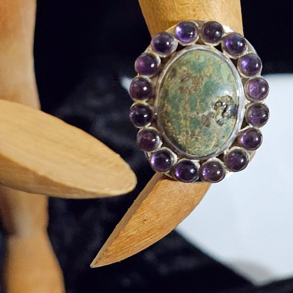 Vintage Sunburst Chrysocolla & Amethyst Ring - Picture 3 of 6
